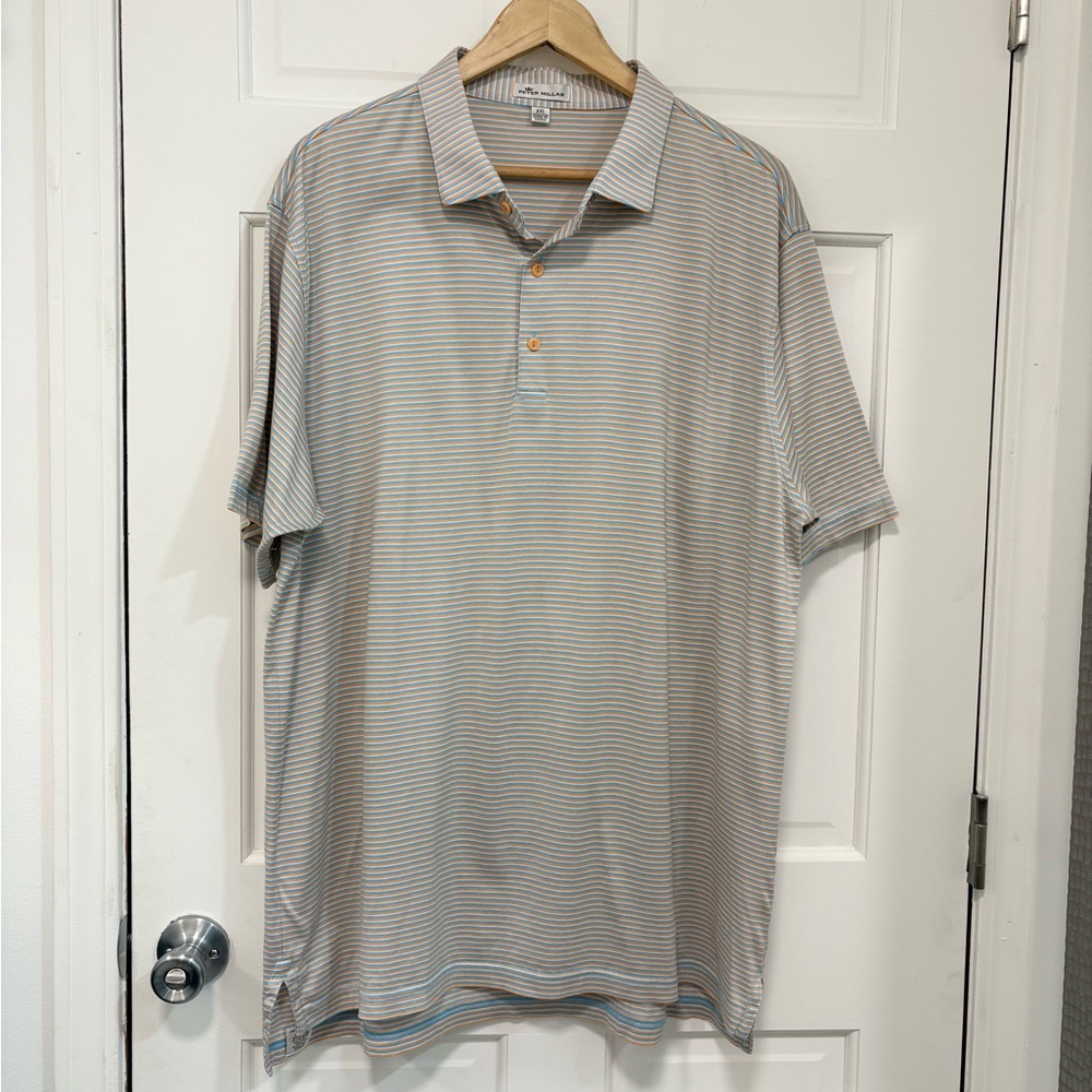 Peter Millar Striped Polo Shirt Blue/Orange‎ 100% Cotton Men’s XXL Golf Preppy